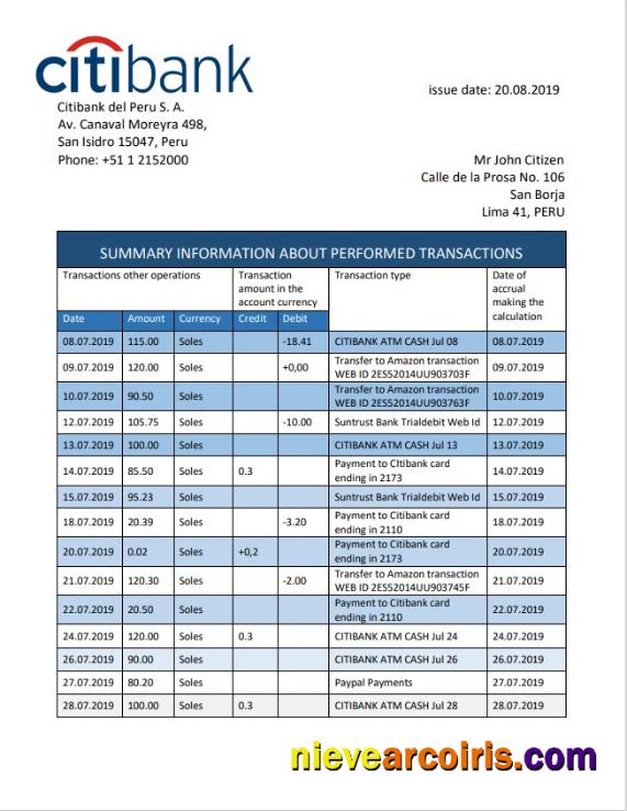Peru Citibank bank statement easy to fill in Word and PDF format